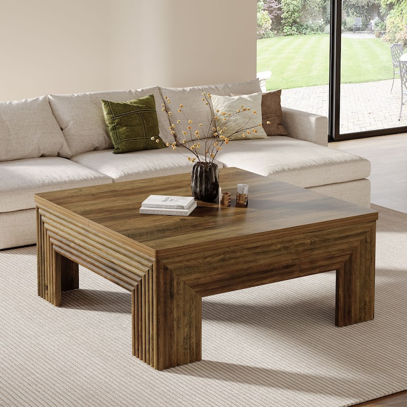 39.4" Square Coffee Table for Living Room, Farmhouse Wood Center Table - 39.4" D x 39.4" W x 17.72" H