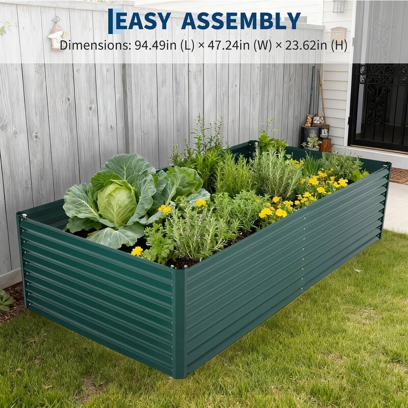 8 x 4 x 2 FT Galvanized Steel Raised Garden Bed Kit with Zipper-Door Greenhouse Cover Dark Green