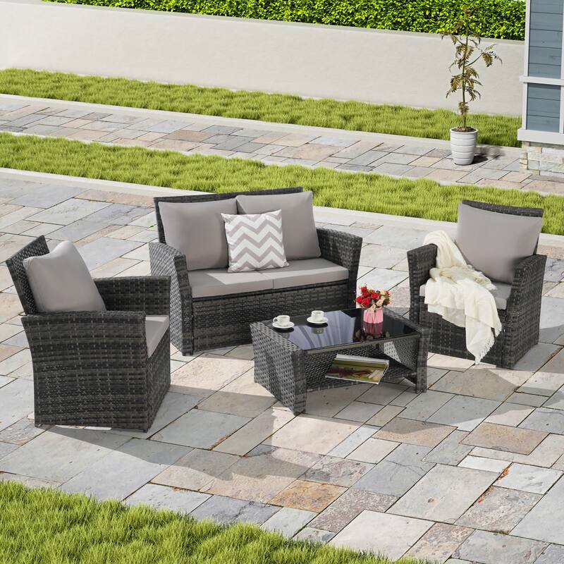 4-Piece Rattan Conversation Sofa Set with Glass Table