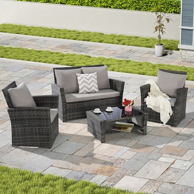 Rattan Sofa Chair Set Patio Furniture Sets Lawn Chairs Lounge Loveseat Sofa with Tempered Glass Coffee Table, 4 Pieces