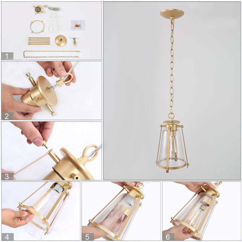 Modern 1-Light Gold Lantern Glass Pendant Light for Kitchen Island Nook