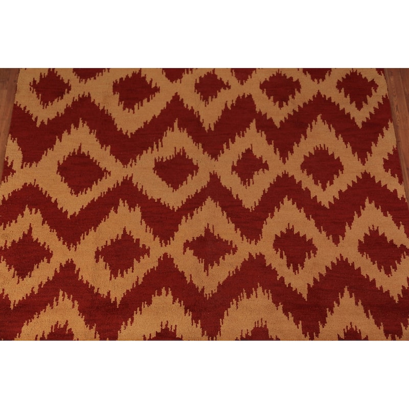 Hand Knotted Oriental 100% Wool Carpet Modern Geometric Red Moroccan Area Rug - 9' 7'' X 7' 11''