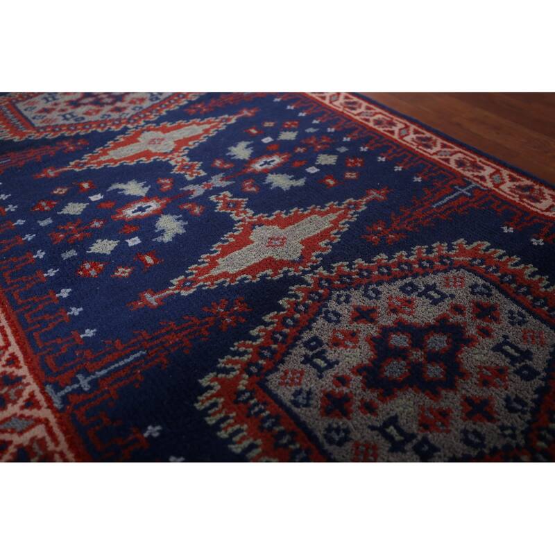 Blue Geometric Viss Oriental Runner Rug Handmade Wool Carpet - 2'7"x 11'10"