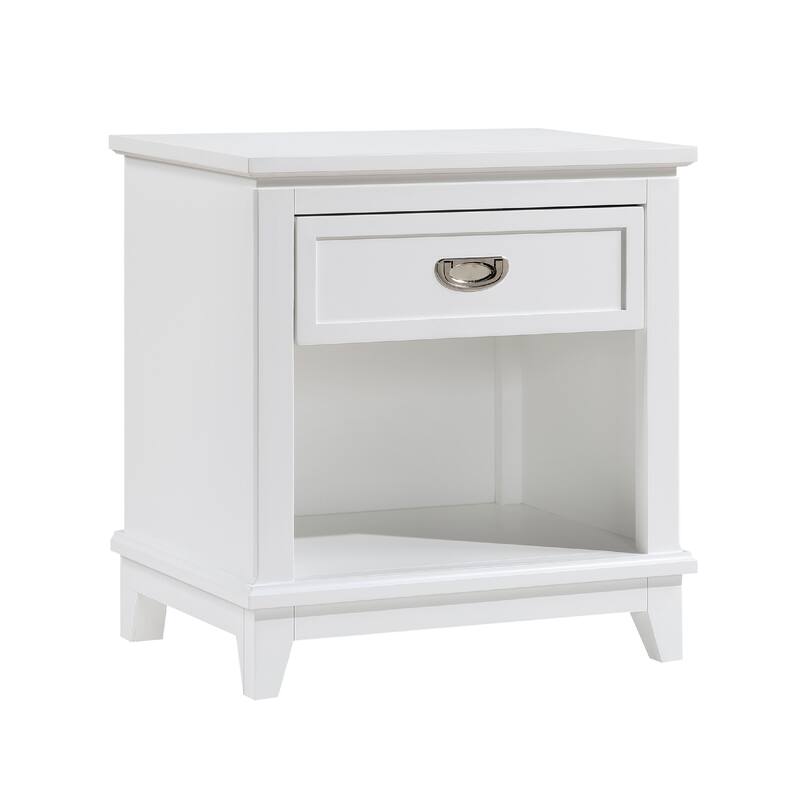 Sely Nightstand, 1 Drawer w Open Cubby, White Wood, Ring Handle