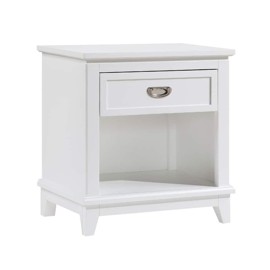 Sely Nightstand, 1 Drawer w Open Cubby, White Wood, Ring Handle