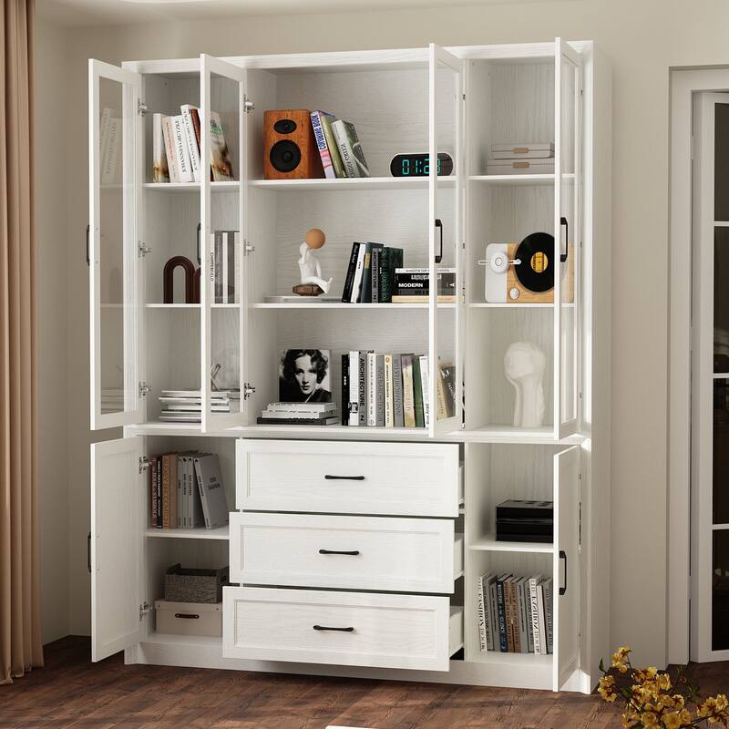 79.6" Tall Glass Display Cabinet, 6-Tier Bookshelf with Drawers Bookcae Panrty