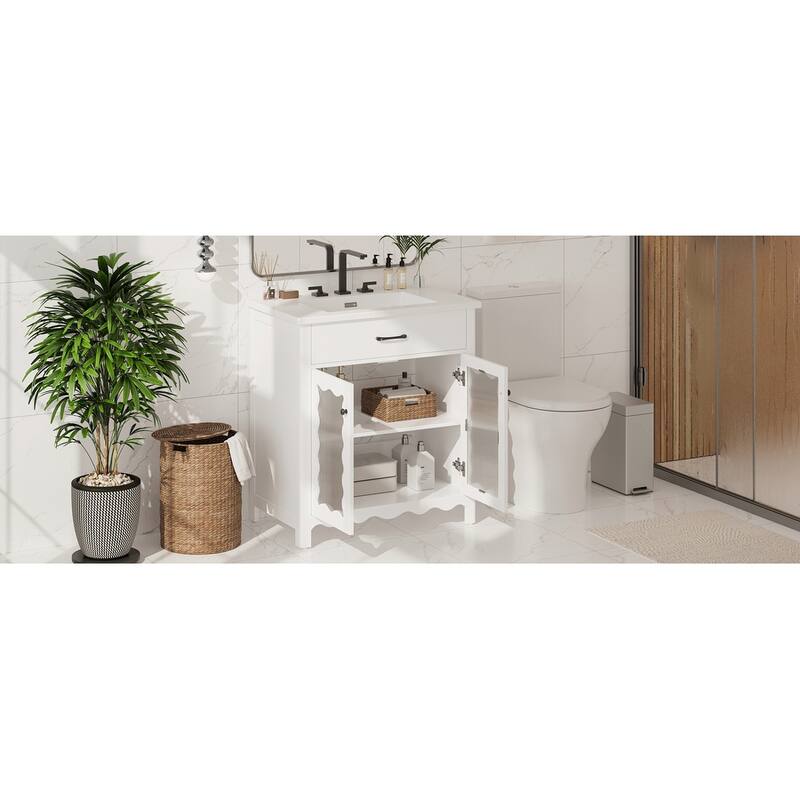 Roomfitters 31" Bathroom Vanity with Tempered Glass, Modern Cabinet with Rubber Wood Legs and Soft-Close Doors