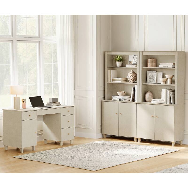 WAMPAT Home Office Furniture Set, 58" Executive Desk with Cabinet, 2-Column 71" Tall Bookcase with Doors and Adjustable Shelves - Beige Linen Printed