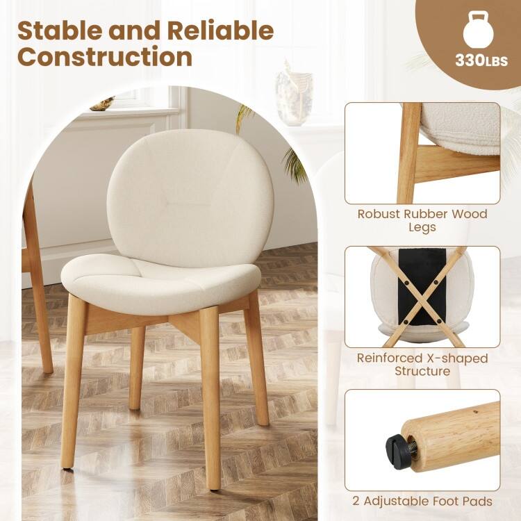 White-Natural Rubber Wood Dining Chair Set of 2 with Boucle Cushion and Ergonomic Design - 20" x 24" x 33"