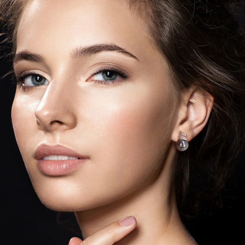Miadora 8-9mm Black Tahitian Cultured Pearl and Diamond Accent Swirl Stud Earrings in Sterling Silver