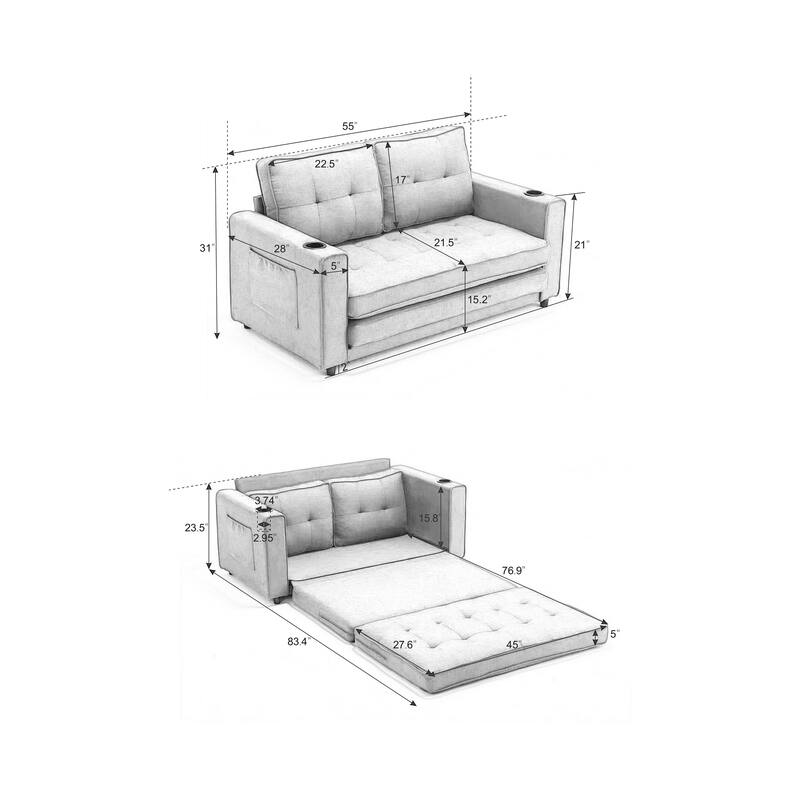 Dark Gray Pull-Out Sofa Bed Convertible Loveseat Sleeper Sofa Couch with Storage Bags for Living Room