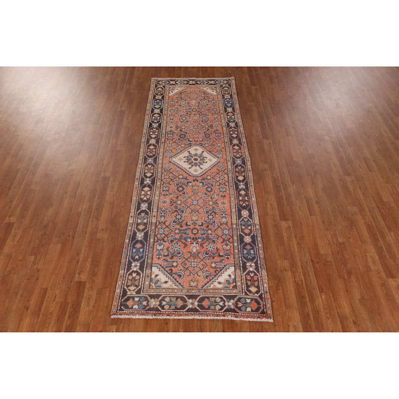 Hand Knotted Oriental 100% Wool Carpet Traditional Geometric Oranges & Rust Hamedan Runner Rug - 9' 7'' X 3' 4''