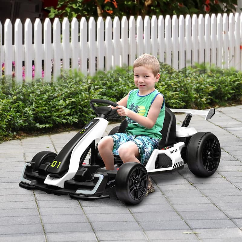 24V Electric Drift Go Kart for Kids, White Battery Powered Ride on Toy Outdoor Electric Car with Music