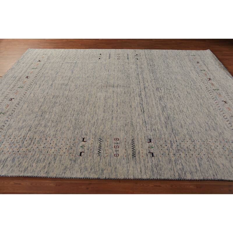 Ivory & Blue Tribal Gabbeh Oriental Area Rug Handmade Wool Carpet - 8'1"x 9'10"