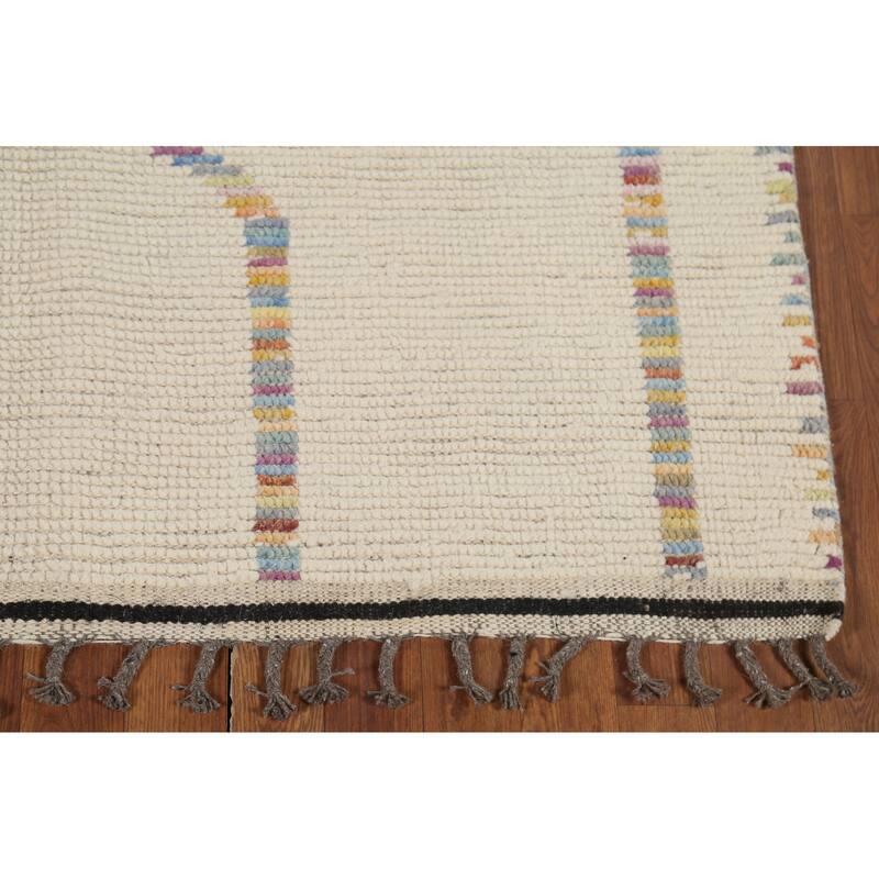 Ivory Moroccan Area Rug Hand-Knotted Stripe Wool Carpet - 4'11"x 8'8"