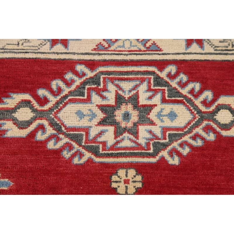 Geometric Red Kazak Accent Rug Hand-Knotted Wool Carpet - 3'4" x 4'9"