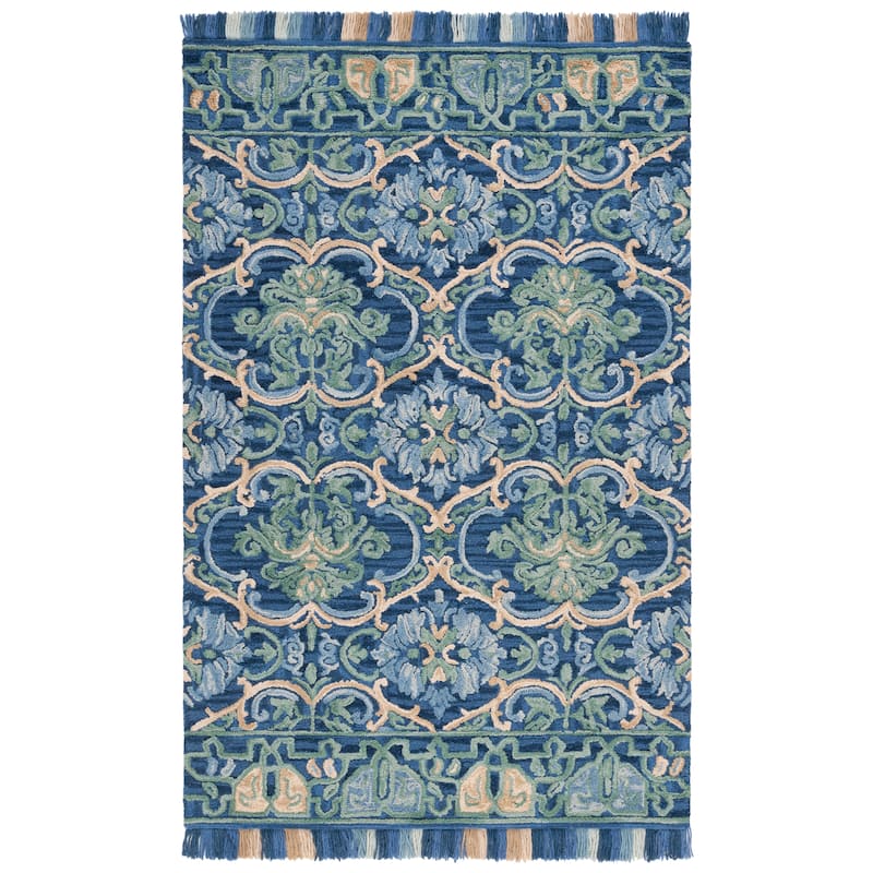 SAFAVIEH Handmade Blossom Parthenia Floral Wool Rug - 8' Square - Navy/Green - Square