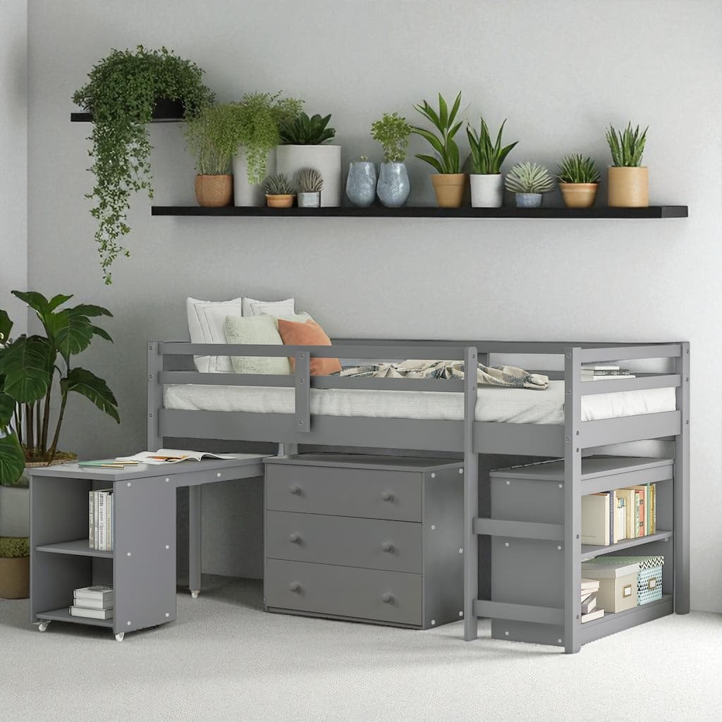 Twin/Full Size Low Loft Bed with Cabinet, Rolling Desk and Bookshelf, Solid Wood Frame for Kids