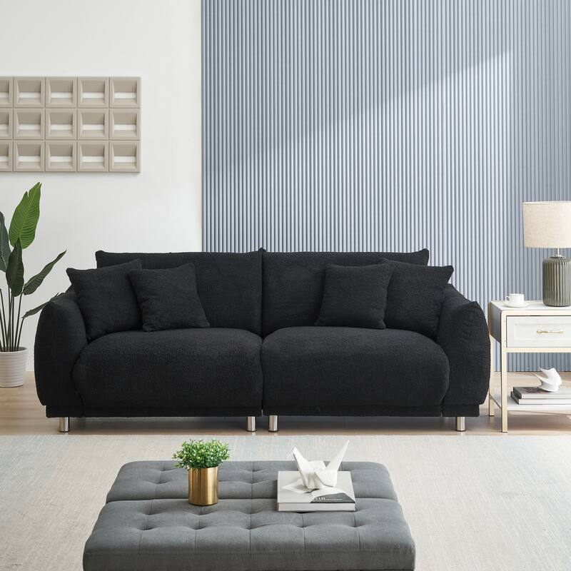 86.6 Inch Black Teddy Sofa with Four Pillows for Comfortable Seating - Multi-Color