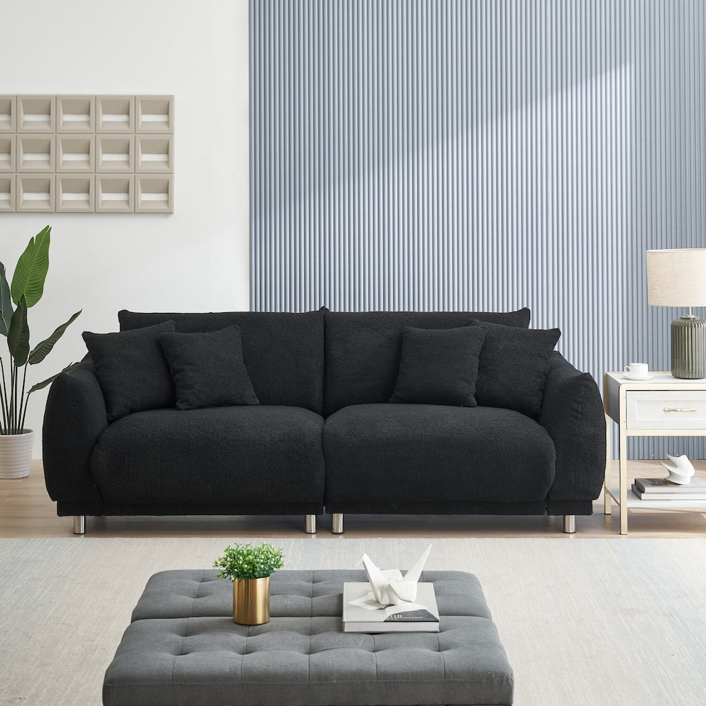 86.6 Inch Black Teddy Sofa with Four Pillows for Comfortable Seating