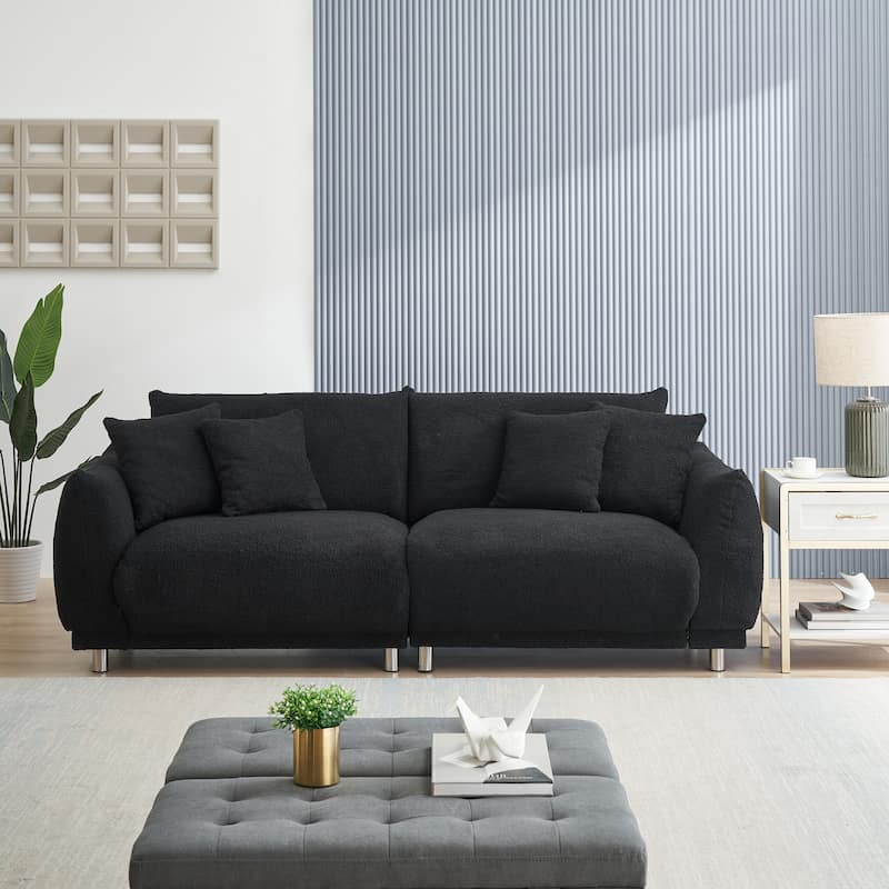 Fabric Sofa Tufted Couch, Upholstered Deep Seat Sofa with 4 Throw Pillows, Modern Lounge Couch with Round Metal Legs - Black