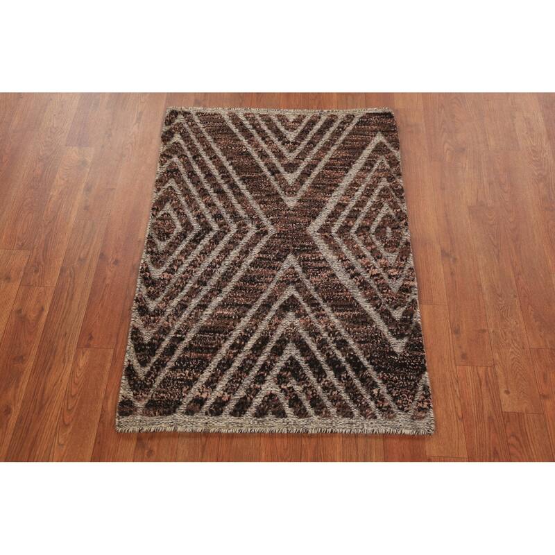 Geometric Moroccan Oriental Foyer Rug Hand-Knotted Brown Wool Carpet - 2'0"x 3'0"