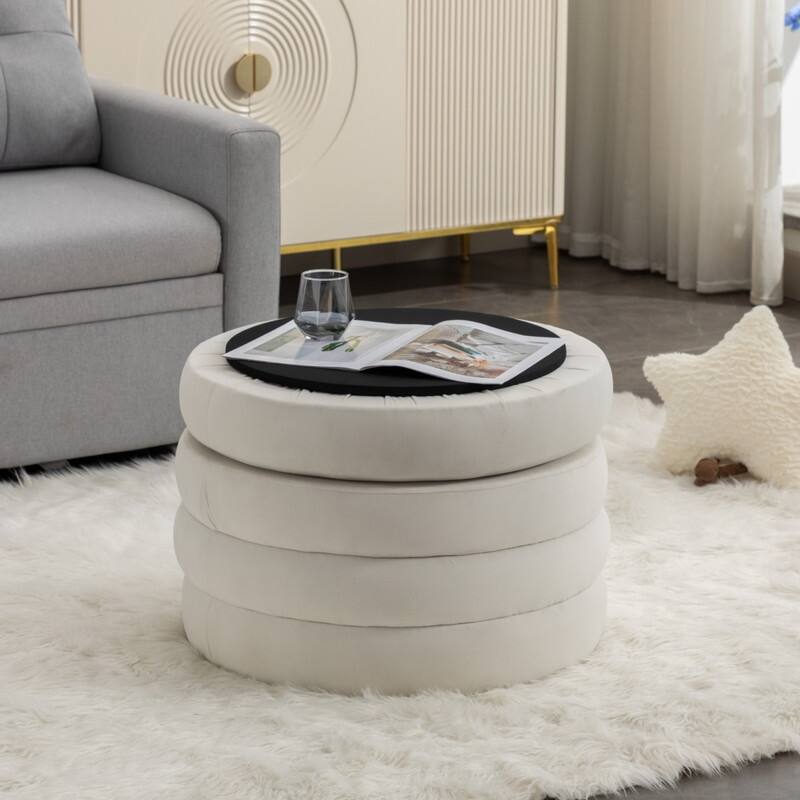 Velvet Fabric Storage Round Ottoman Footstool With Wooden Shelving