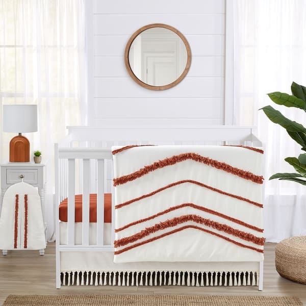 slide 2 of 6, Sweet Jojo Designs Orange Boho Bohemian Girl 4pc Nursery Crib Bedding Set Burnt Rust Ivory Farmhouse Shabby Chic Fringe Cotton