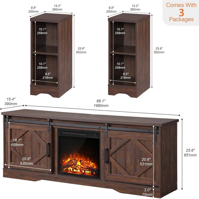Fireplace TV Stand Farmhouse Sliding Barn Door Entertainment Center