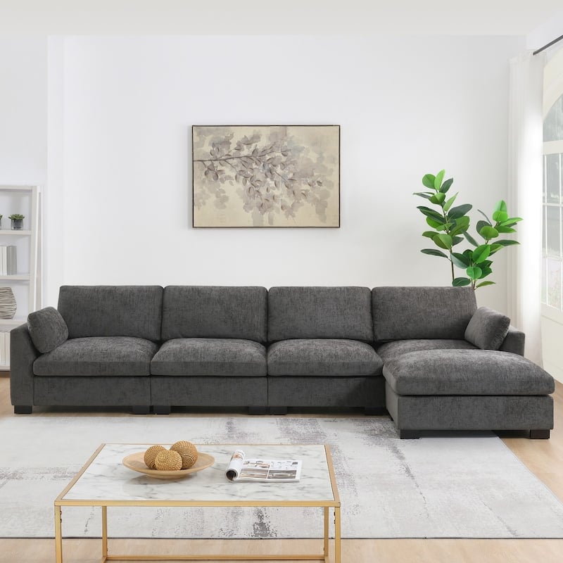 130" Modular Chenille L-Shaped Sectional Sofa with Folding Table and Dual-Port Charging, Ottoman