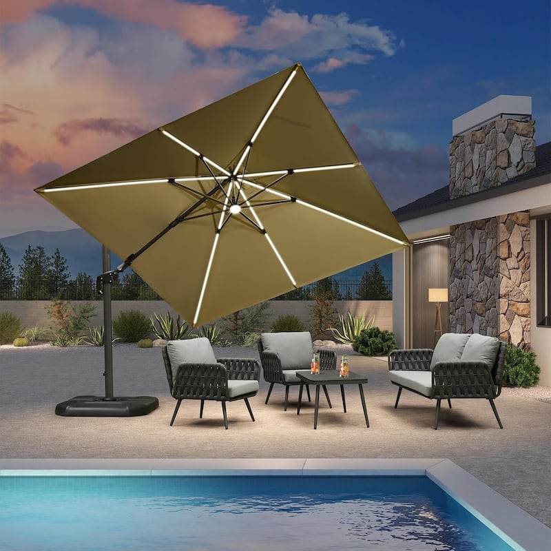 PURPLE LEAF 10 ft LED + Swivel Square Cantilever Umbrella With 360 Degree Rotation - Beige