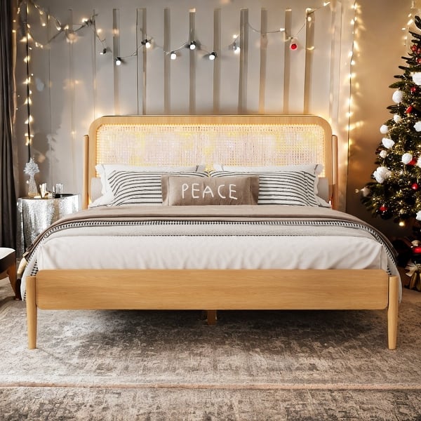 slide 2 of 10, Antique Natural Queen Size Platform Bed with Rattan Accents, LED Light and Slat