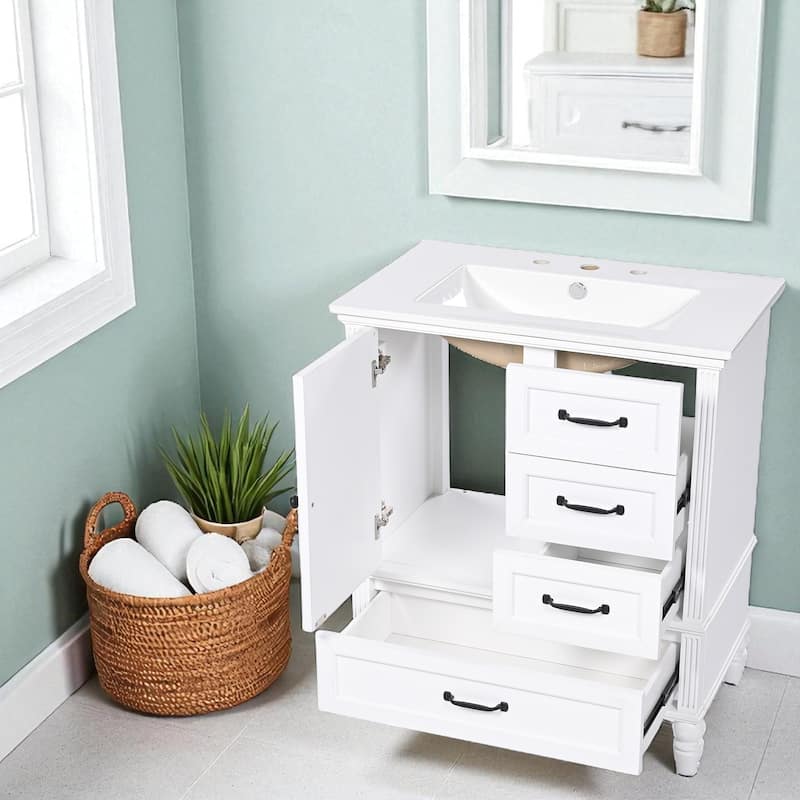 30" Bathroom Vanity with Sink, Freestanding Cabinet with 1 Door and 3 Drawers, Solid Wood Legs, MDF Structure, Soft-Close