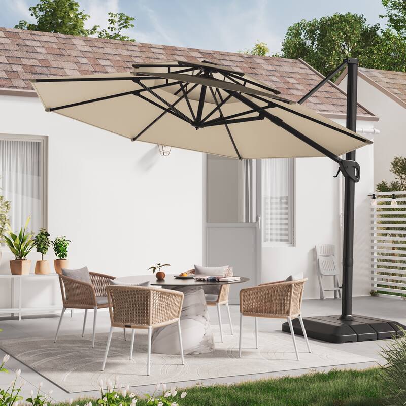 LIVOOSUN 11Ft Double Top Patio Hanging Octagon Cantilever Umbrella with 360-degree Rotating Canopy, Red - Beige