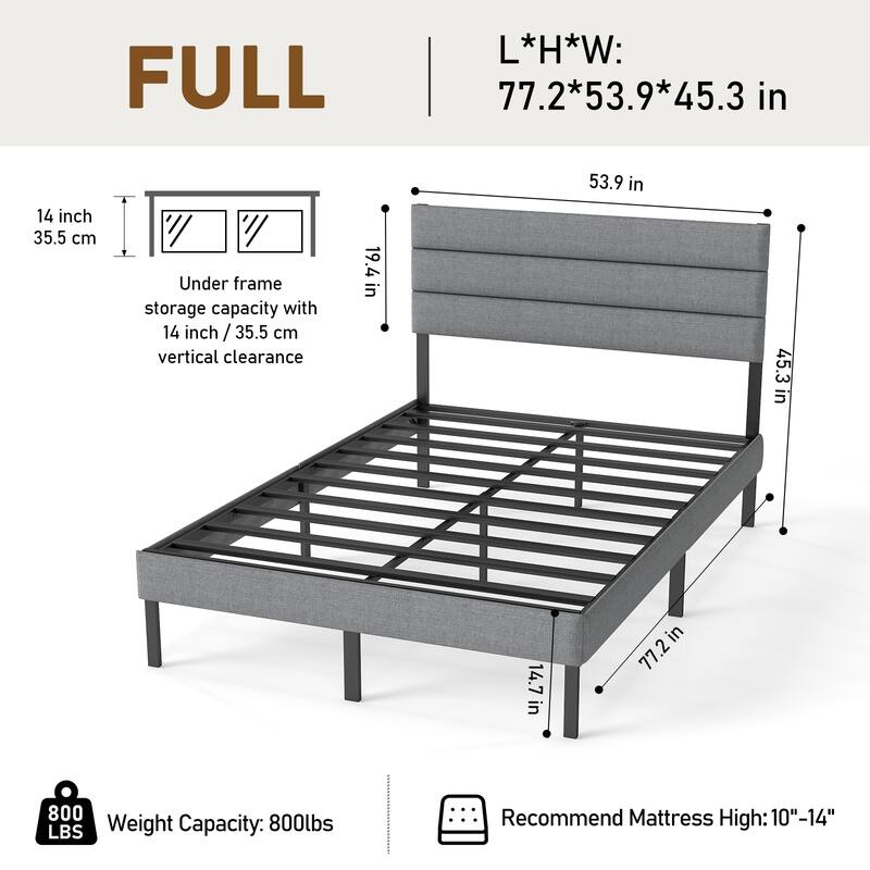 Full Size Upholstered Platform Bed Frame with Headboard, No Box Spring Needed, 14'' Underbed Storage