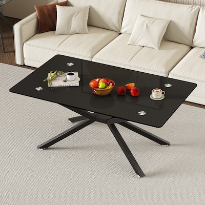 39.37" Rectangle Black Glass Coffee Table,Stylish Design with Black Metal Legs, Coffee Table for Living Room