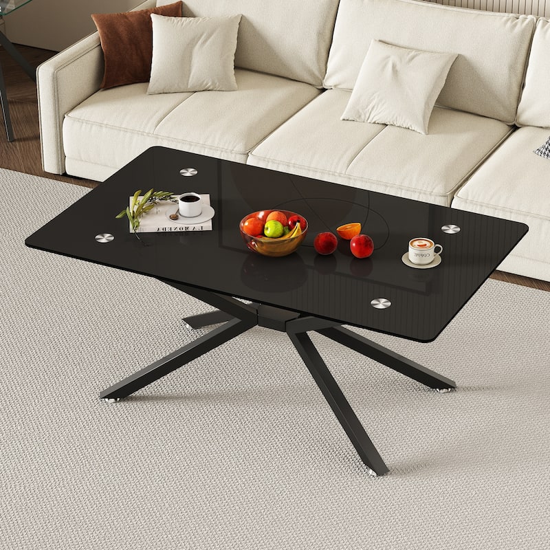 39.37" Rectangle Glass Coffee Table,Stylish Design with Metal Legs, Coffee Table for Living Room - Black