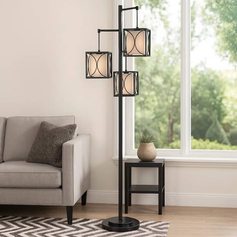 Lany 73 Inch Floor Lamp, 3 Hanging Lantern Style Shades, Black Iron