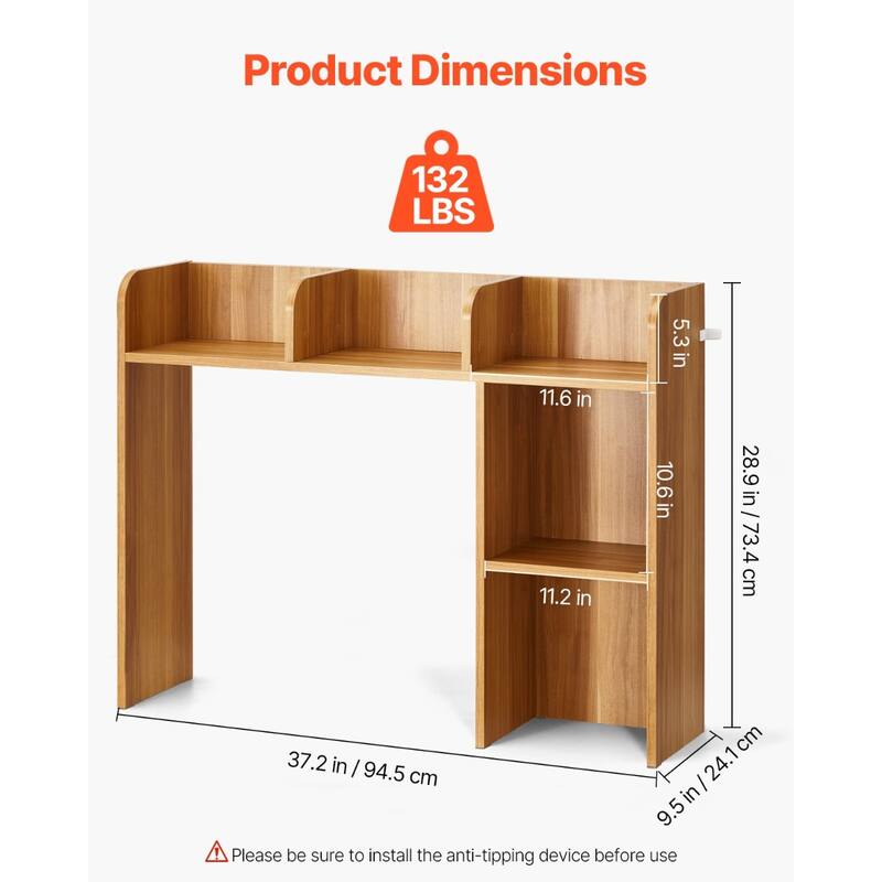 Particle Board Desktop Bookshelf Hutch with Anti-Slip Feet Pads, 2 Shelves - 37.2" L x 9.5" W x 28.9" H