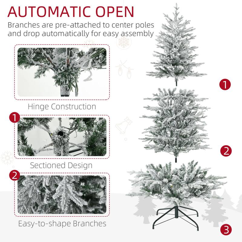 HOMCOM Pre-Lit Artificial Christmas Tree - Snow Flocked Branches, Warm Yellow Lights, Auto Open, Extra Bulb - Green
