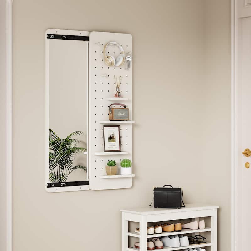 Wall Mounted Full Length Mirror with Shelf and Hook Wall Mounted Mirror with Multifunctional Design Panel(47.6*15.7in) - White