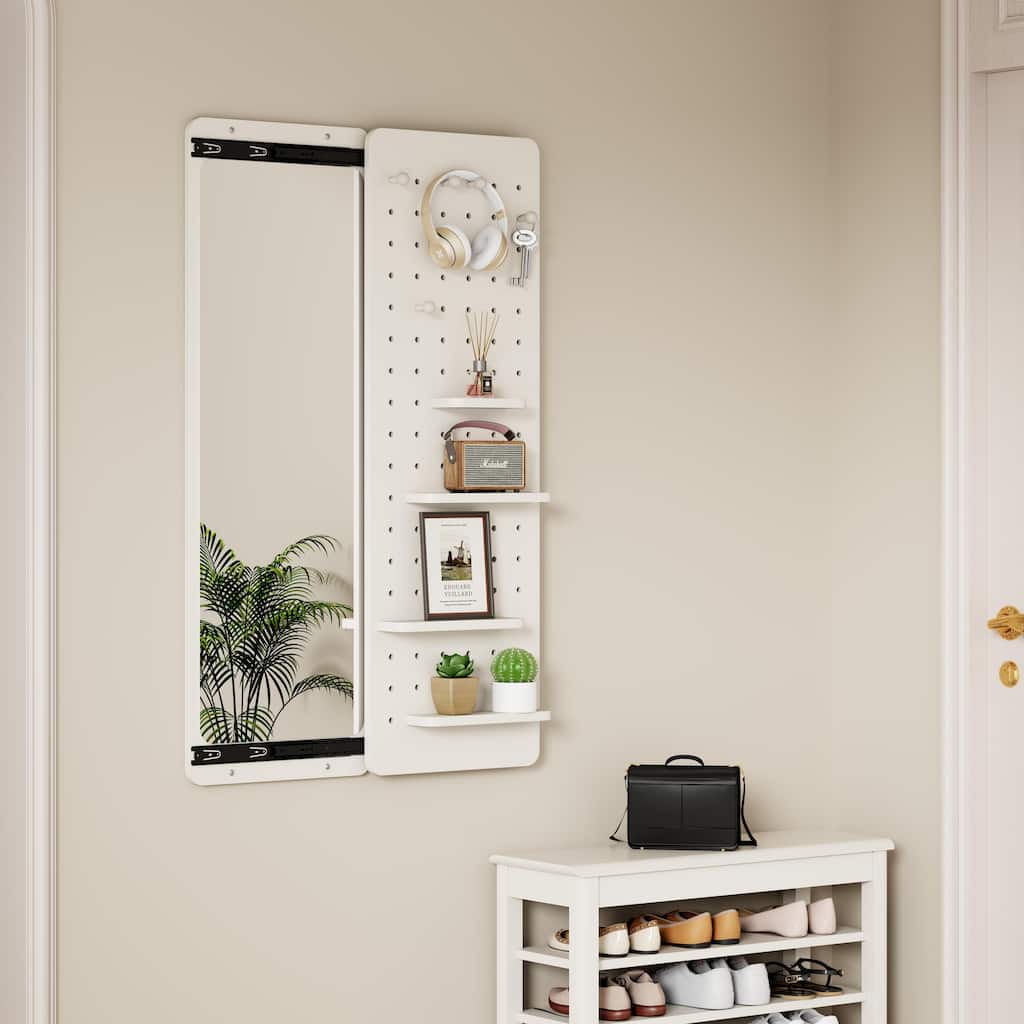Wall Mounted Full Length Mirror with Shelf and Hook Wall Mounted Mirror with Multifunctional Design Panel(47.6*15.7in)