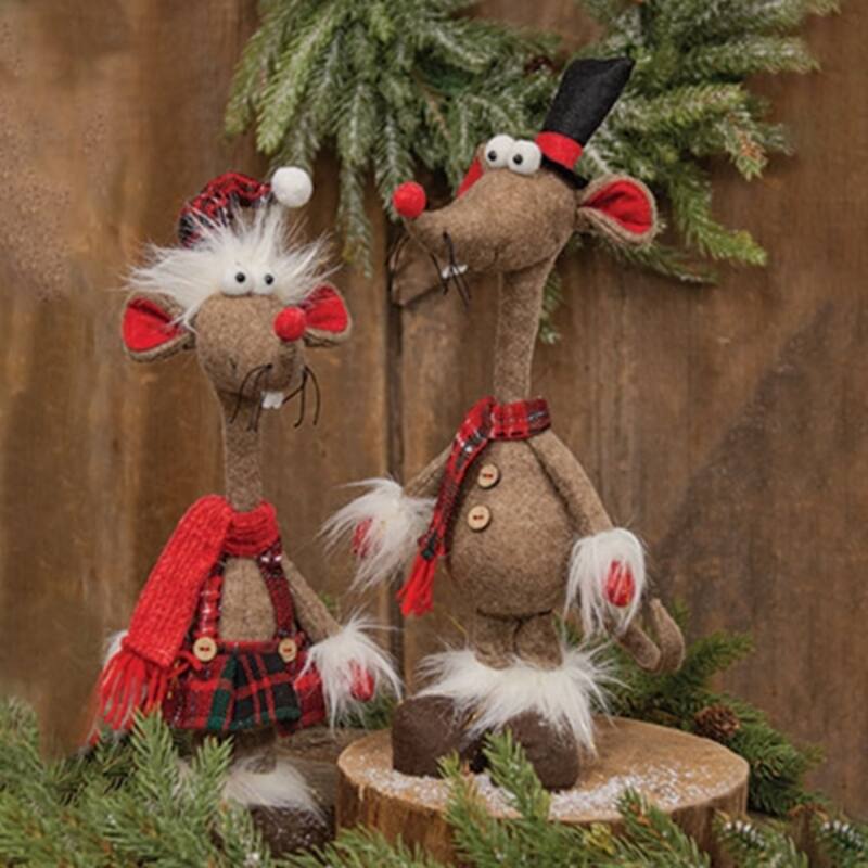 17.75" Christmas Plaid Plush Standing Mouse Figures for Holiday Decor Festive Accents 2 Asstd. - 17.75" H x 4.5" W