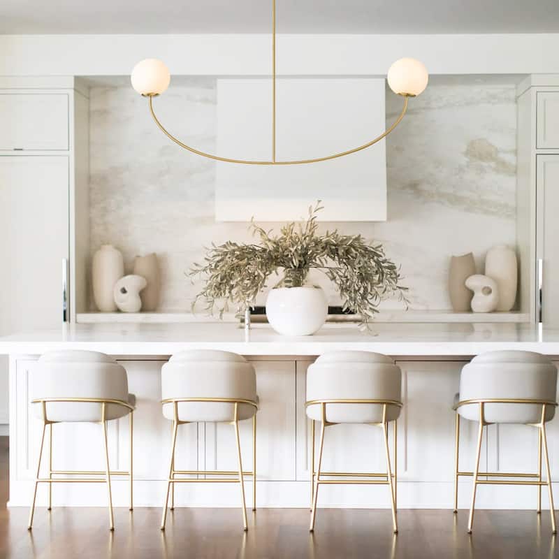 55" Modern Linear 2-Light Brass Finish Island Pendant with Milk White Glass Globe Shades for use in Dining Room