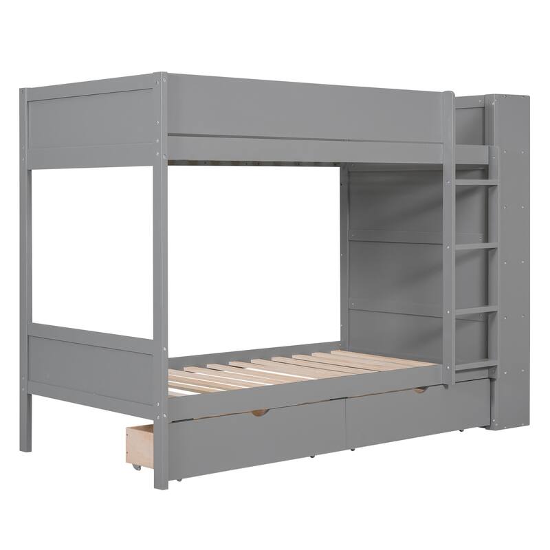 Grey Wood Bunk Bed With 2 Drawers and Multi-layer Cabinet, Full-length Guardrail