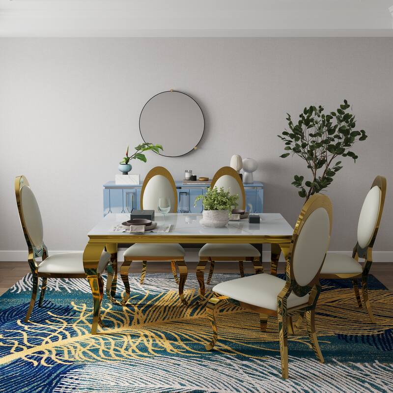 Luxury White Glass Dining Room Table Set with PU Leather Dining Chairs