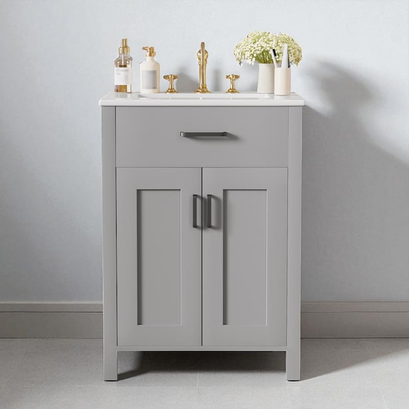 24" Bathroom Vanity with Ceramic Sink, Freestanding Cabinet with Flip Drawer, Soft Close Doors and Adjustable Shelf - Grey