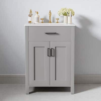 24" Bathroom Vanity with Ceramic Sink, Freestanding Cabinet with Flip Drawer, Soft Close Doors and Adjustable Shelf