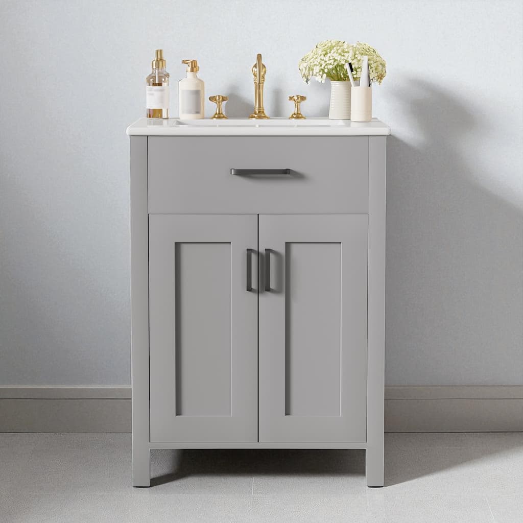 24" Bathroom Vanity with Ceramic Sink, Freestanding Cabinet with Flip Drawer, Soft Close Doors and Adjustable Shelf