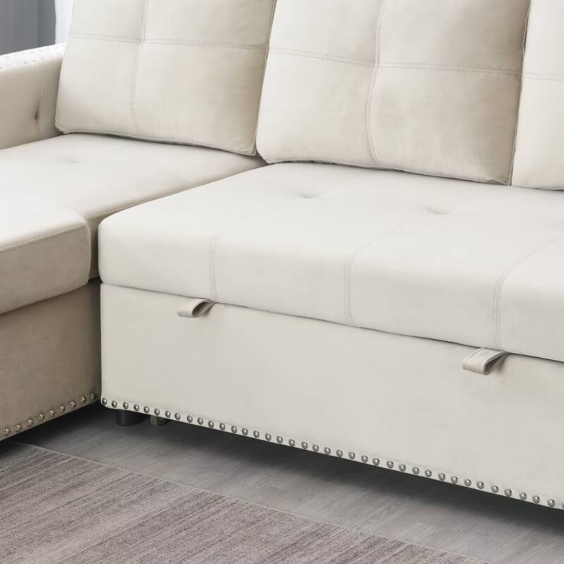 Morden Fort Reversible L-Shaped Sofa Bed with Storage - Velvet Upholstery, Button Tufting, and Nailhead Trim